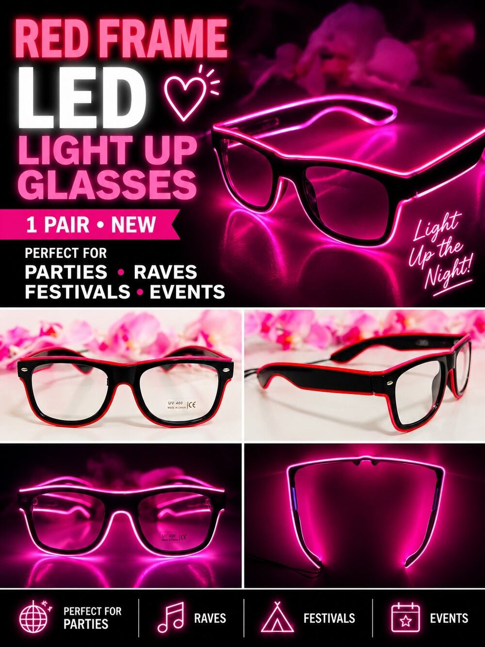 Red Frame LED Light Up Glasses Rave Festival Party NEW